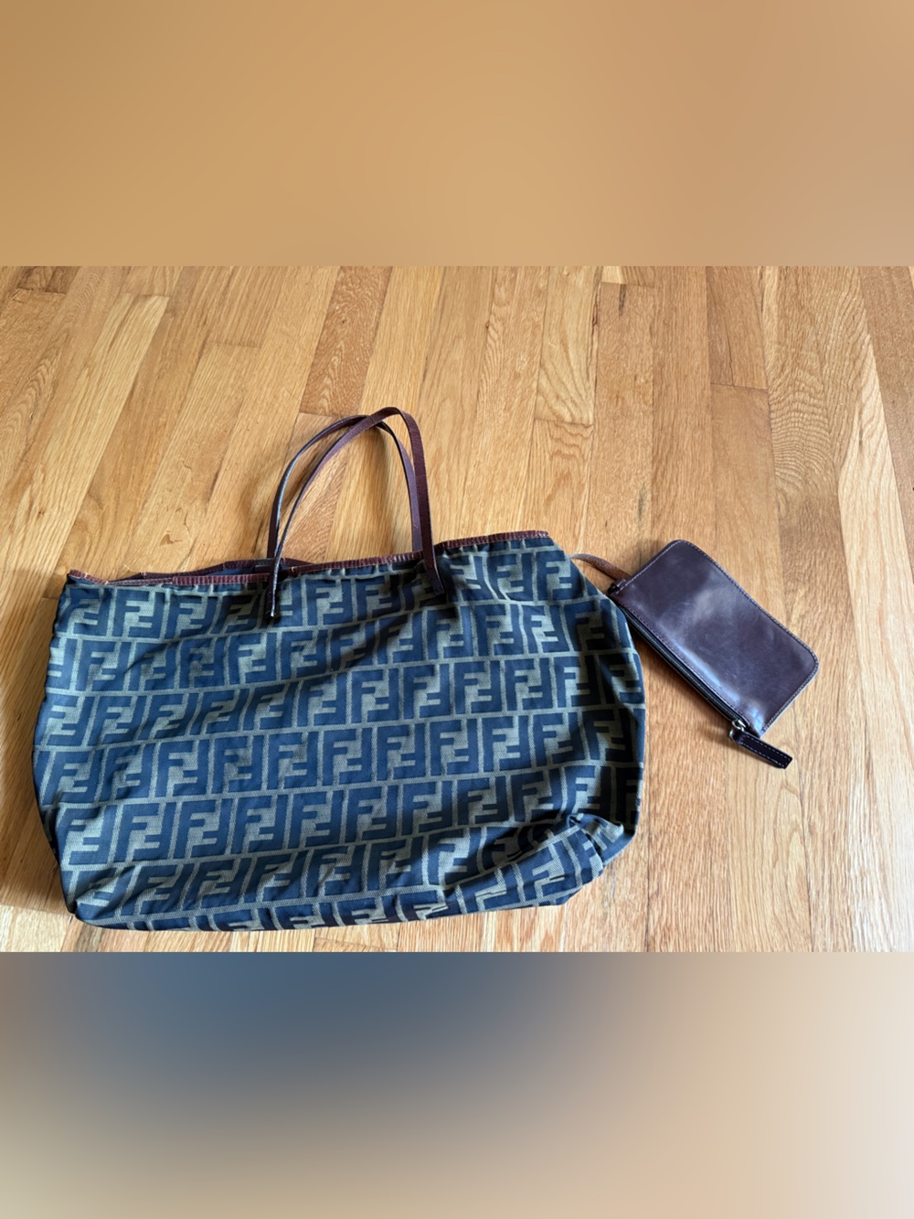 Authentic Vintage Fendi Zucca Canvas Roll Shopper Tote with Matching Leather Pou